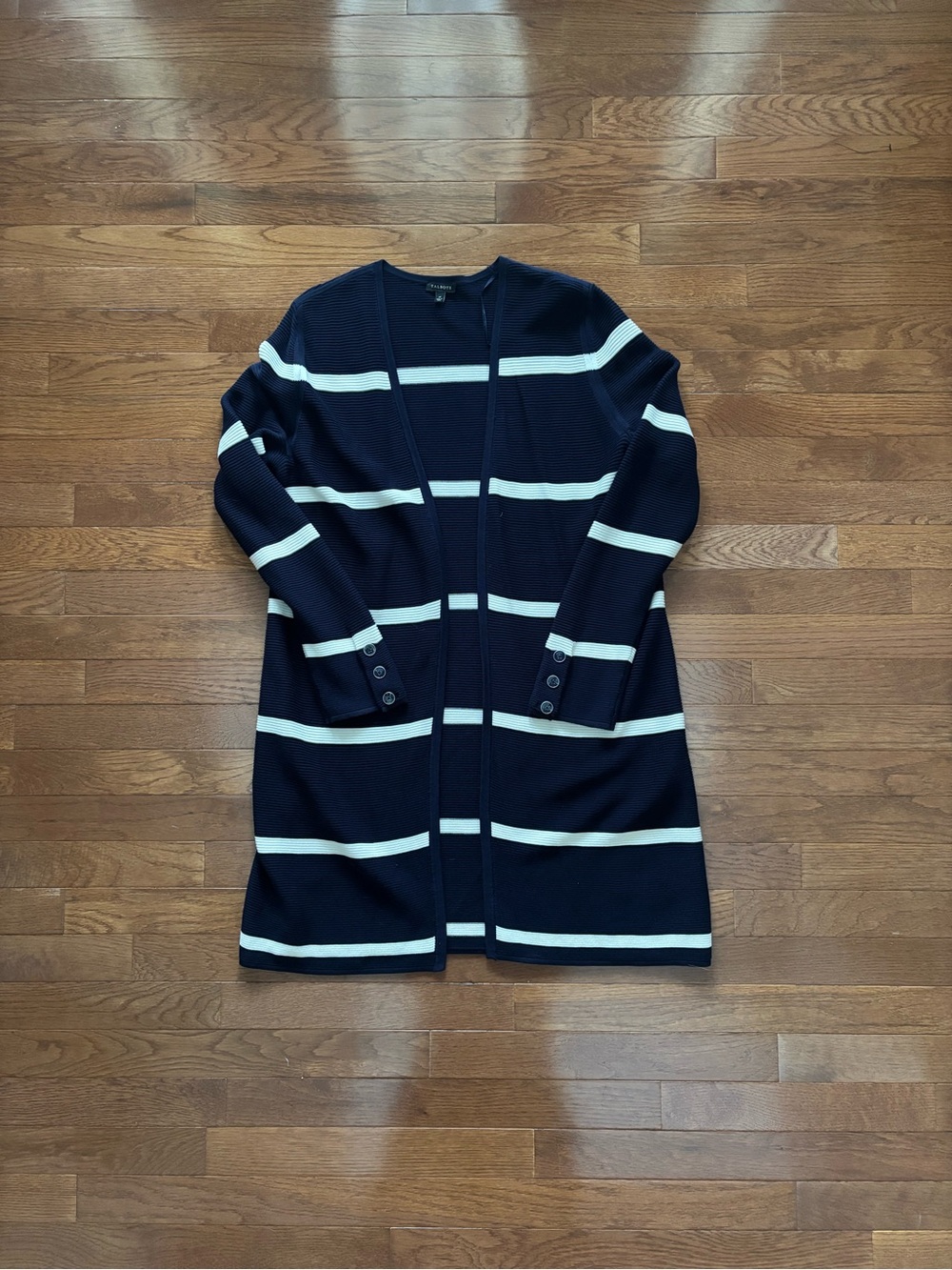 Talbots Ribbed Open Front Long Cardigan in Navy and White Stripes